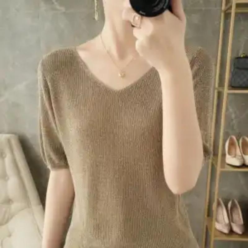 Women's Light Gray V-Neck Knit Top Half Sleeve Slim Fit Casual T-Shirt