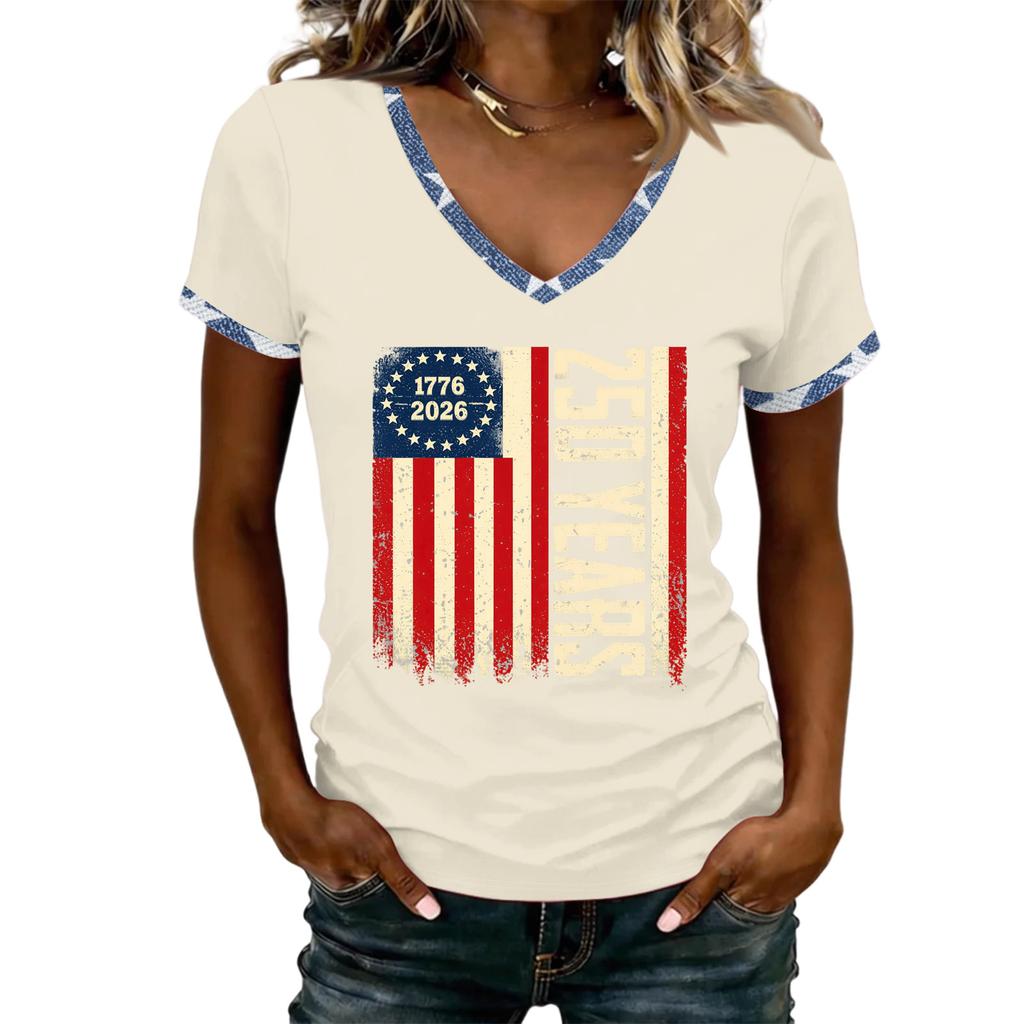 Womens V Neck Short Sleeve T Shirt 250 Years 1776 2026 Graphic Print Casual Loose Fit Top for Everyday Wear