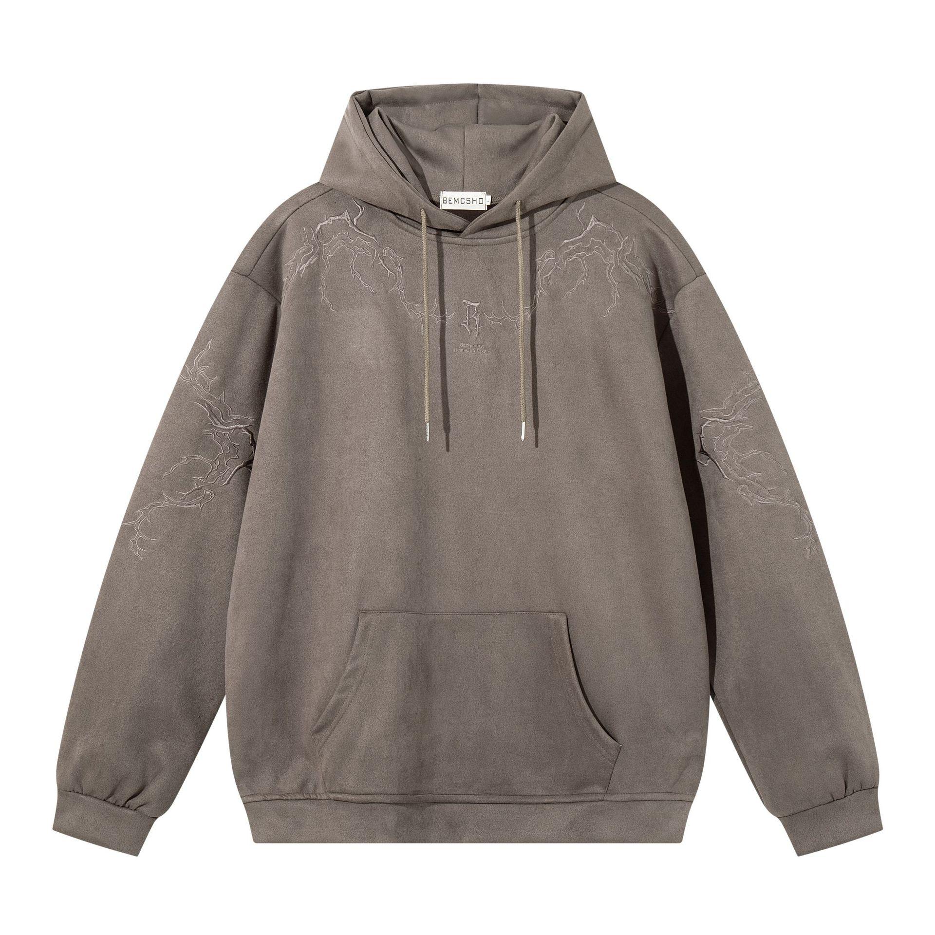 Men s American Street Trend Hoodie Bramble Embroidered Suede Loose Hooded Sweater S коричневый