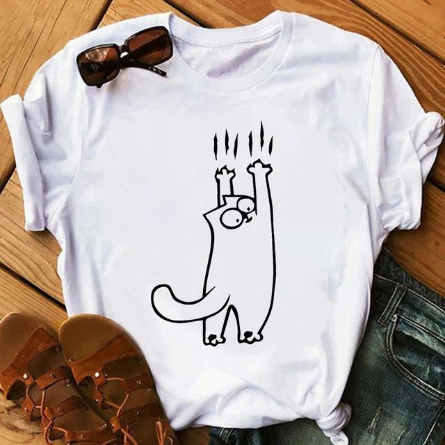 Katt&Noter Tryckt T-shirt Casual Rundhals Kortärmad Topp Sommar Andningsbar Damkläder Plus Size T-shirt