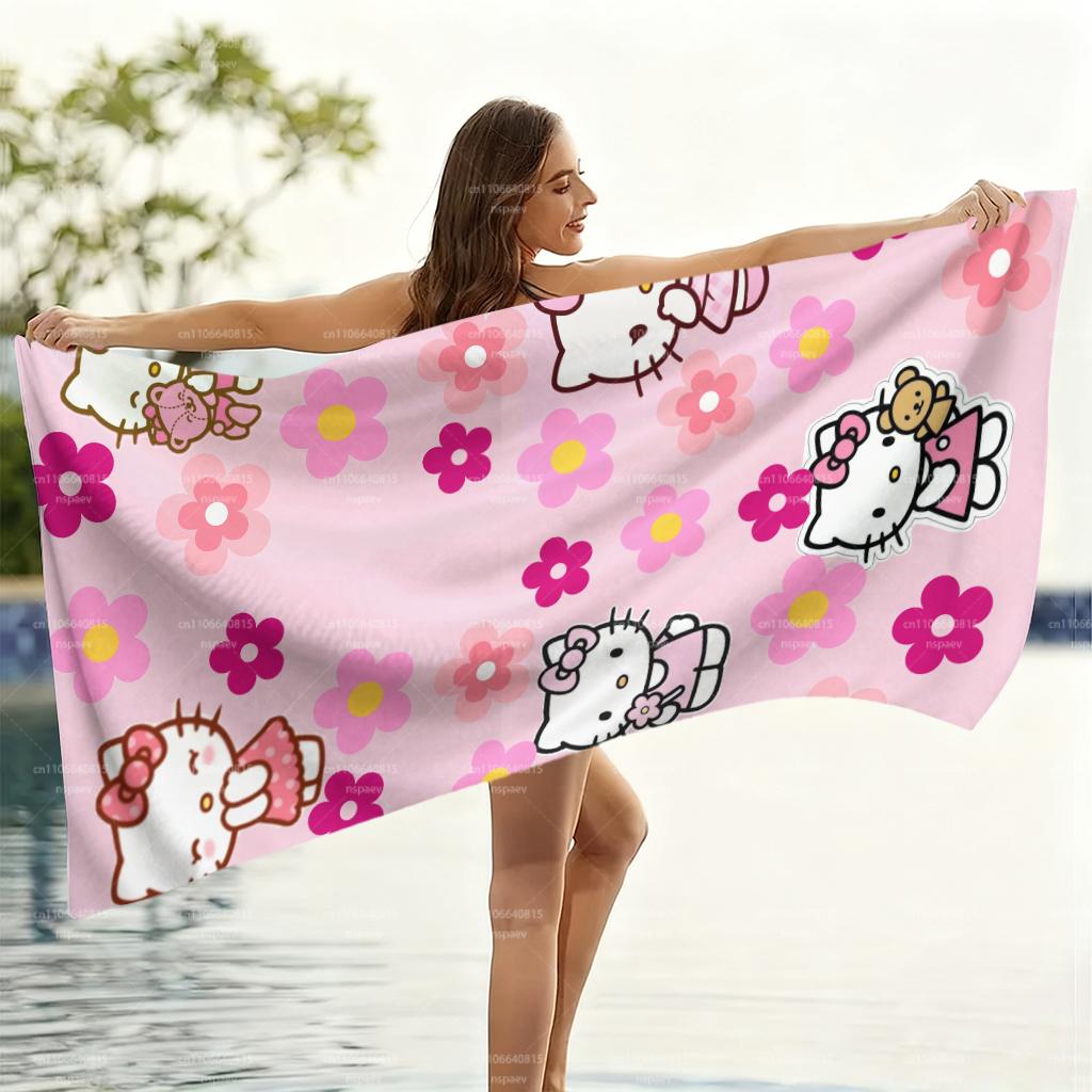 Hello Kitty Pink Floral Beach Towel, Sanrio Cartoon Quick Dry Bath Towel for Kids Adults, Cute Flower Print Beach Blanket