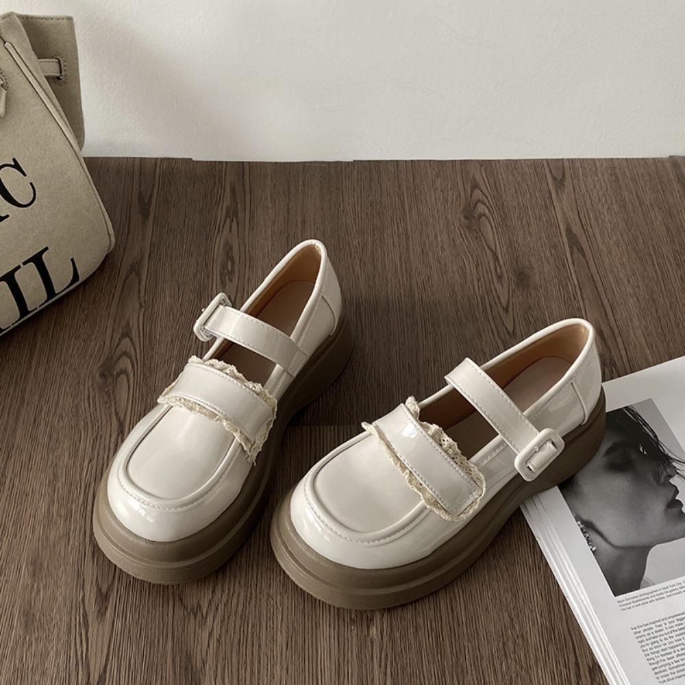 Spring Round-headed, White, College-style, Versatile, Thick-soled Small Leather Shoes, Women's Summer Retro French Mary Jane Shoes