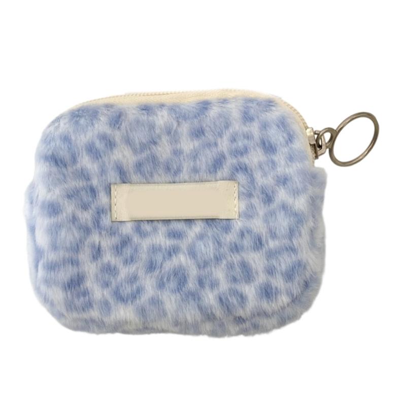 Plush Leopard Print Multifunctional Storage Pouch with Smooth Zippers for Organizing ID Cards Coin Keys and Small Items