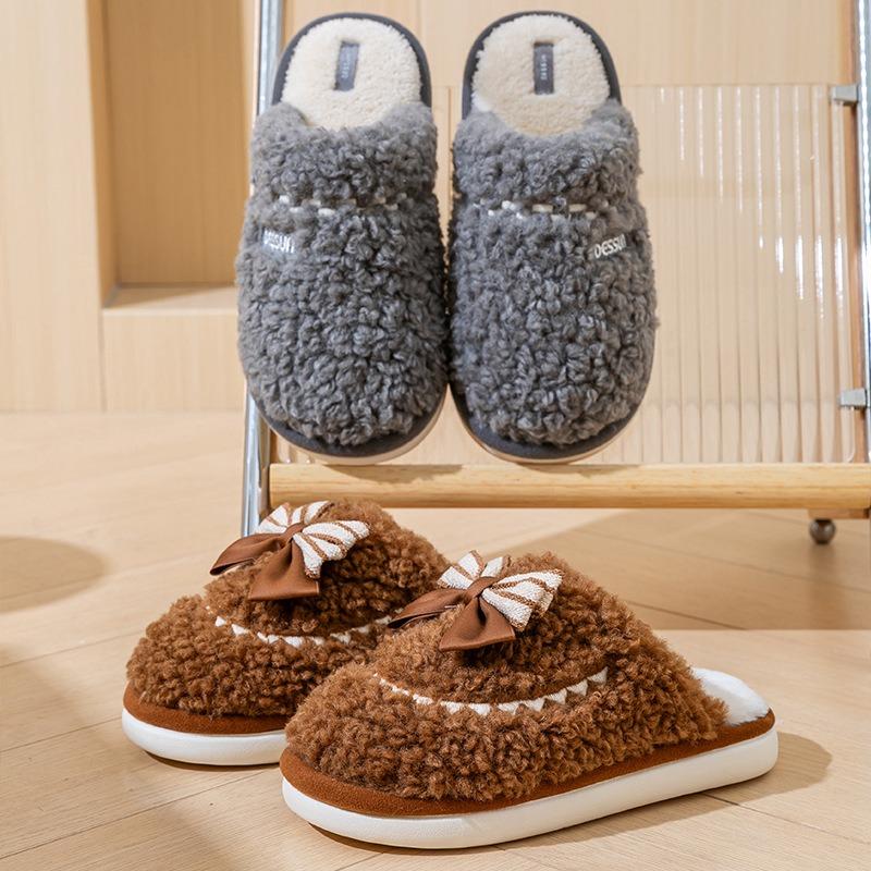 New winter women's wool roll butterfly cotton slippers warm indoor home non-slip fluffy slippers