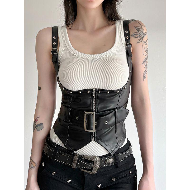 H Home European and American Women's Clothing Motorcycle Dark Metal Buckle Zipper Leather Chest Plate Pull Cool Sexy Rivet Vest Top Tide