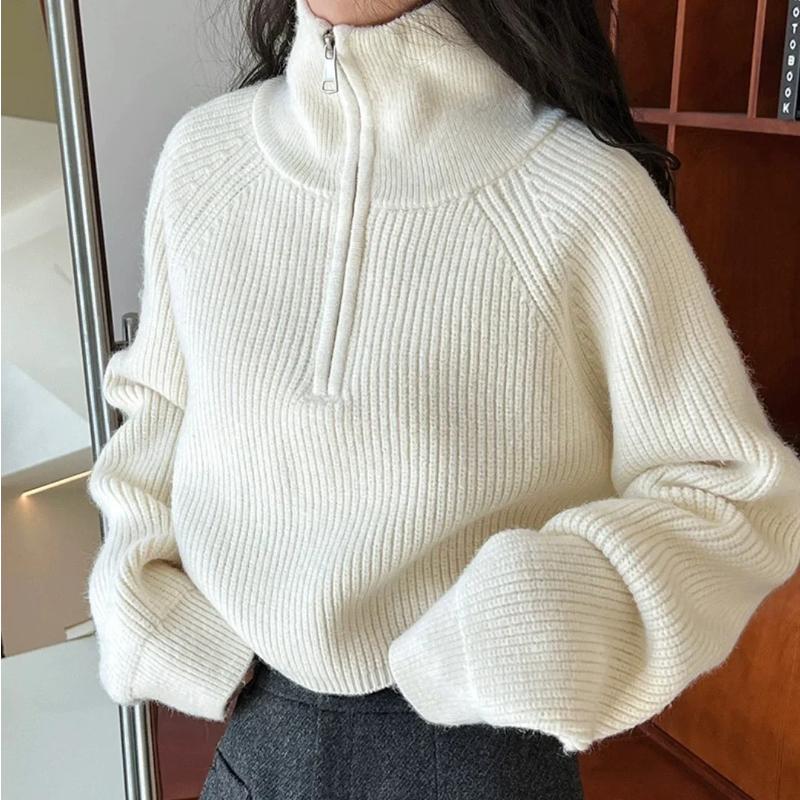 

Women s Loose Knitted Pullovers Half Zipper Autumn and Winter Turtleneck Sweaters Casual Comfortable Full Sleeve Top One size белый