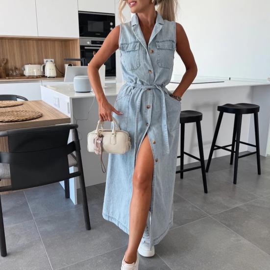 Women Denim Shirt Dress Summer Sleeveless Button Down Maxi Dress with Belt Lapel V Neck Long Jean Dress with Pockets