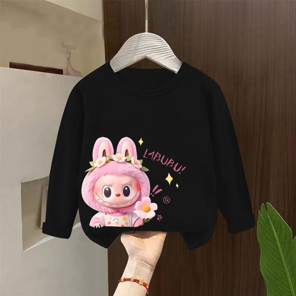 Girls' Round-neck Long-sleeved Base Layer Shirt, Sweet Pure Cotton for Children Spring and Autumn