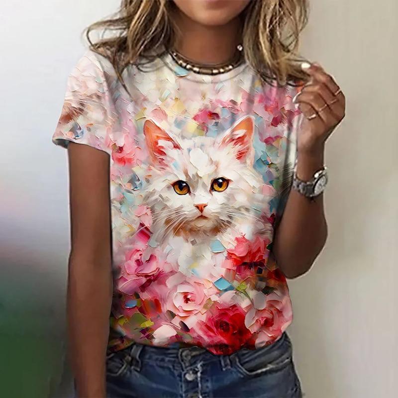 Summer O-Neck Short Sleeve Women's T-Shirt 3d Printed Black Cat Pattern T-Shirt Pullover Top Fashion Street Female Clothing 2024