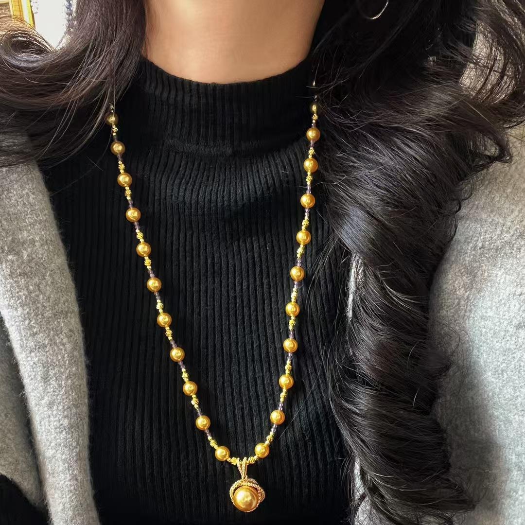 Vintage Maillard Warm Gold Artificial Crystal Pearl Sweater Chain Necklace Collarbone Chain