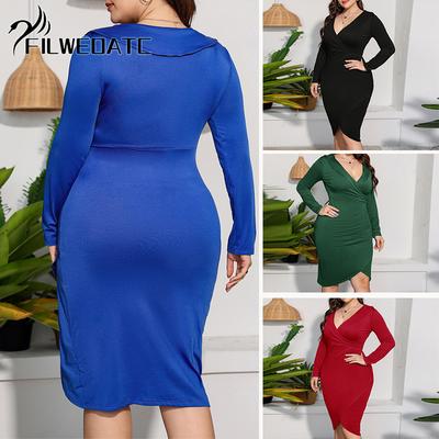 Filweoatc V Neck Sexy Slim Long Sleeve Mid Length Dress Plus Size Women's