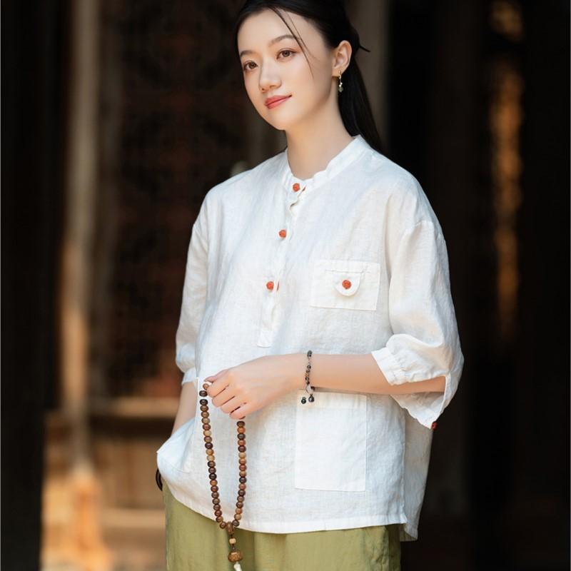 

Johnature Vintage Women Stand Shirts Solid Color Patchwork Pockets Autumn Chinese Style High Quality Female Shirts One Size белый