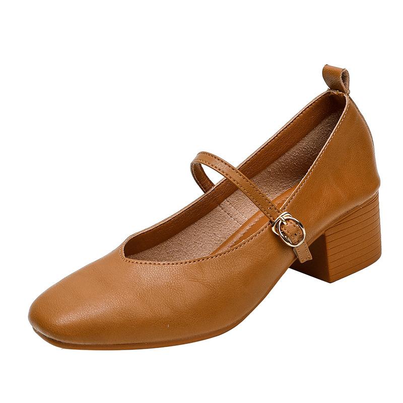 Kožené babičkovské boty na silném podpatku s páskem Mary Jane, francouzská čtvercová špička, dámské boty na středním podpatku, nové jarní a podzimní univerzální dámské boty