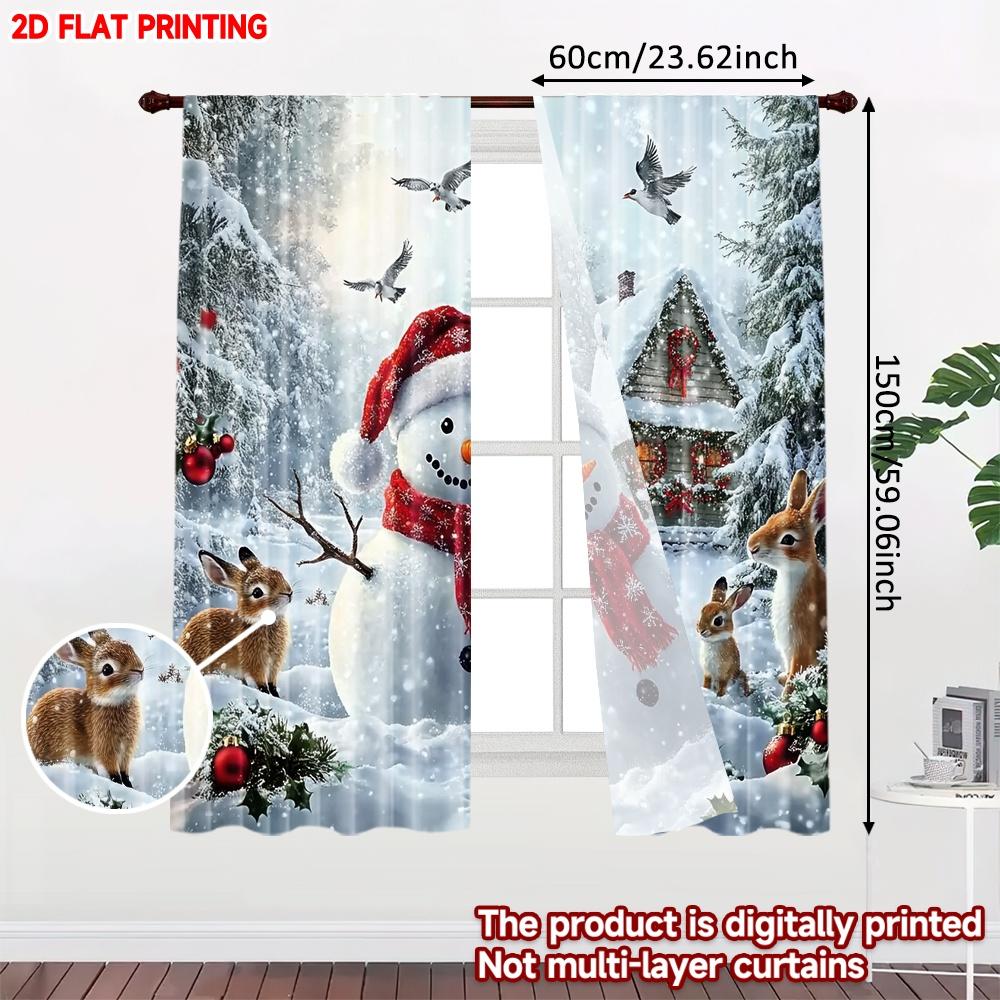 Set Of 2 Flat Printing Merry Christmas Party Curtains Snowman Forest Animals Scopic Stylish Polyester Curtain Made
