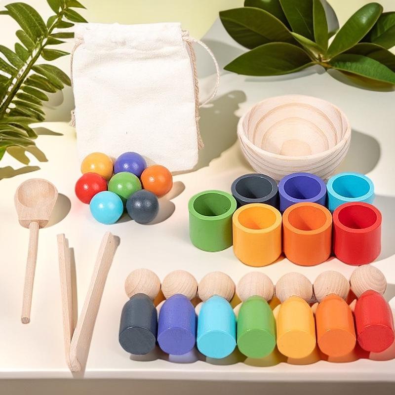 Montessori Wooden Color Sorting Bead & Cup Toy for Early Education