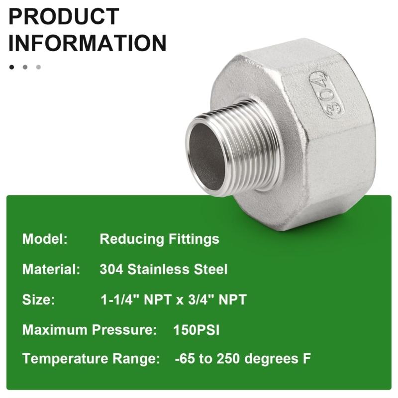  Industrial Grade Stainless Steel NPT Fitting 1.2 Inch to 3/4 Pipe Connection