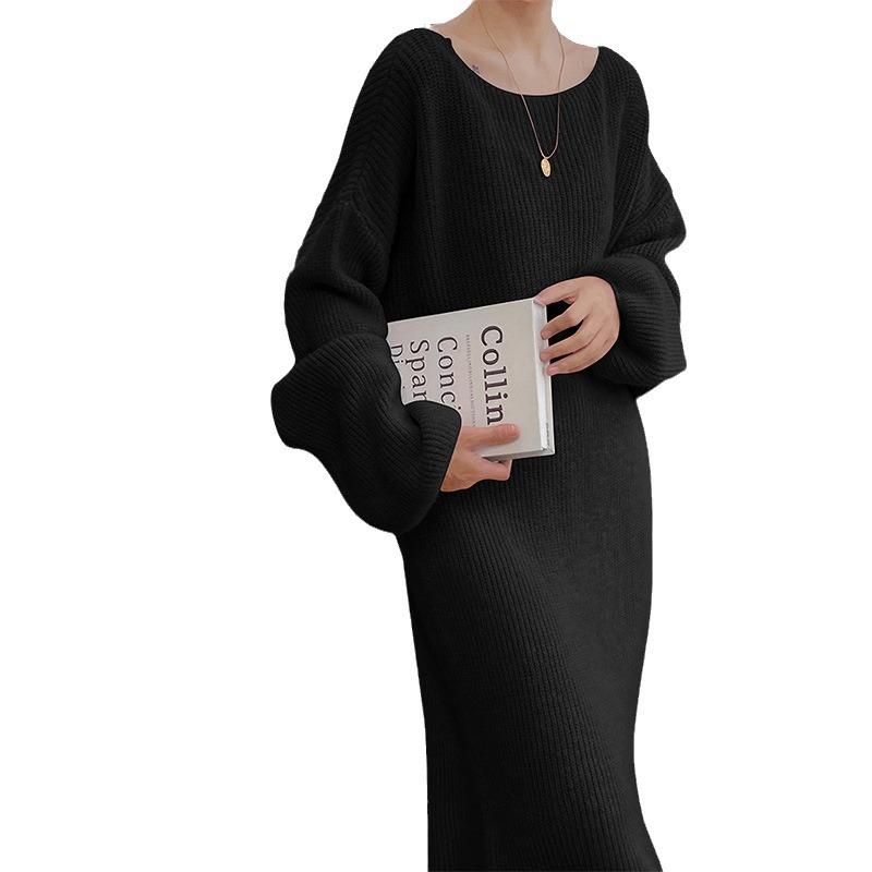 Solid Color Sweater Skirt Women's Loose Large Version, Thin and Lazy Temperament Large Size Knee-length Crew Neck Knitted Dress
