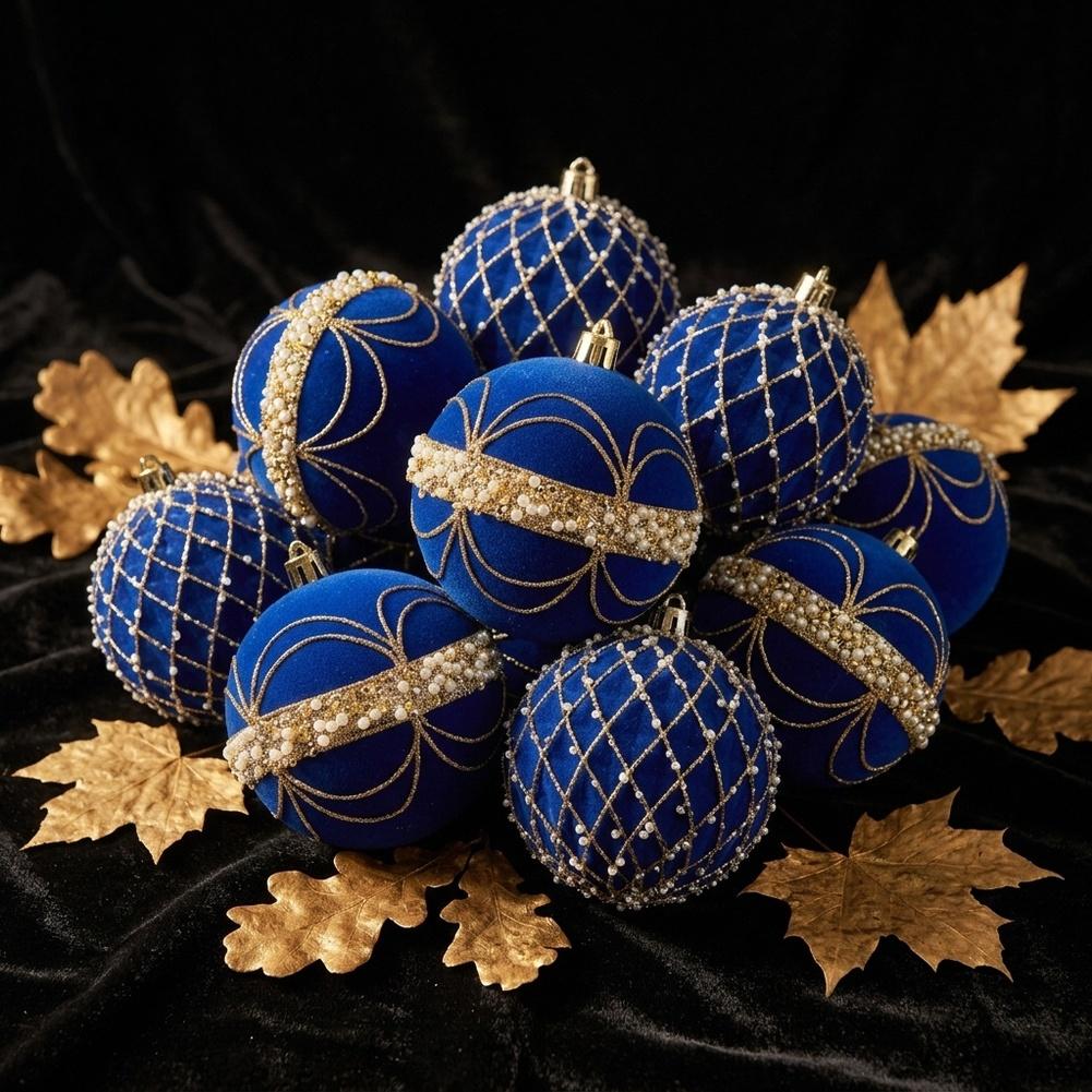 Luxury Navy Flocked Christmas Ornaments With Gold Beads, Hanging Decor For Xmas Tree, Window, Mantel, Tabletop And Holiday Party