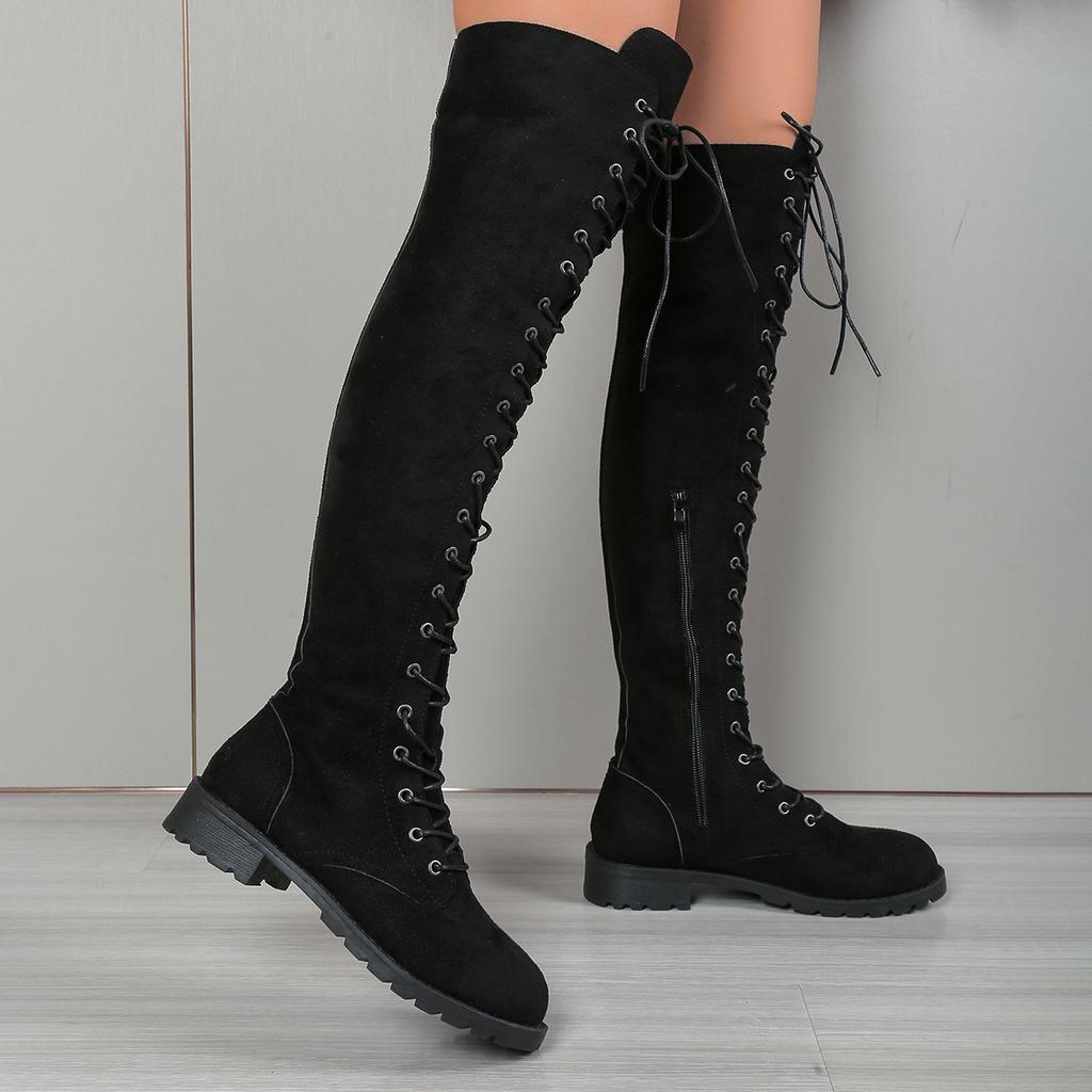 Long boots  Spring and Autumn new style women's British style knee high boots women's long tube boots with front tie knight