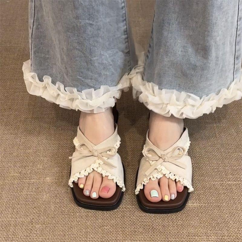 One Pedal Sweet Wind Lace Cross Buckle Bow Slope Heel One-word Drag Women's Summer Non-slip Thick-bottomed Sandals