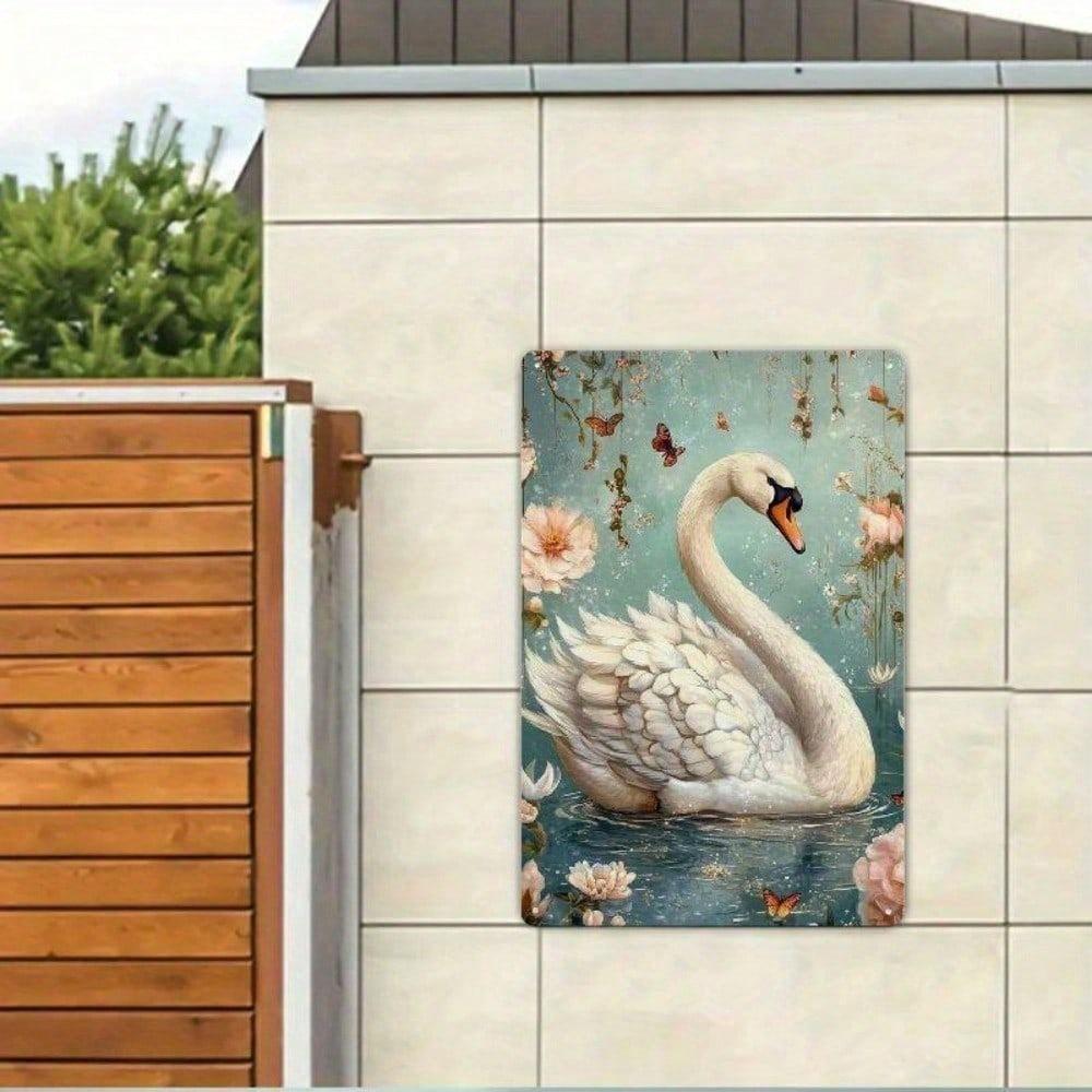 Vintage Swan Metal Tin Sign 8x12, Elegant Floral Wall Art Waterproof Iron Plaque Decor Living Room Bedroom Garden