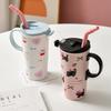 Cute Cat High Cup Girls Cup with Lid Casual Cup Ceramic Mug with Straw Birthday Gift Style