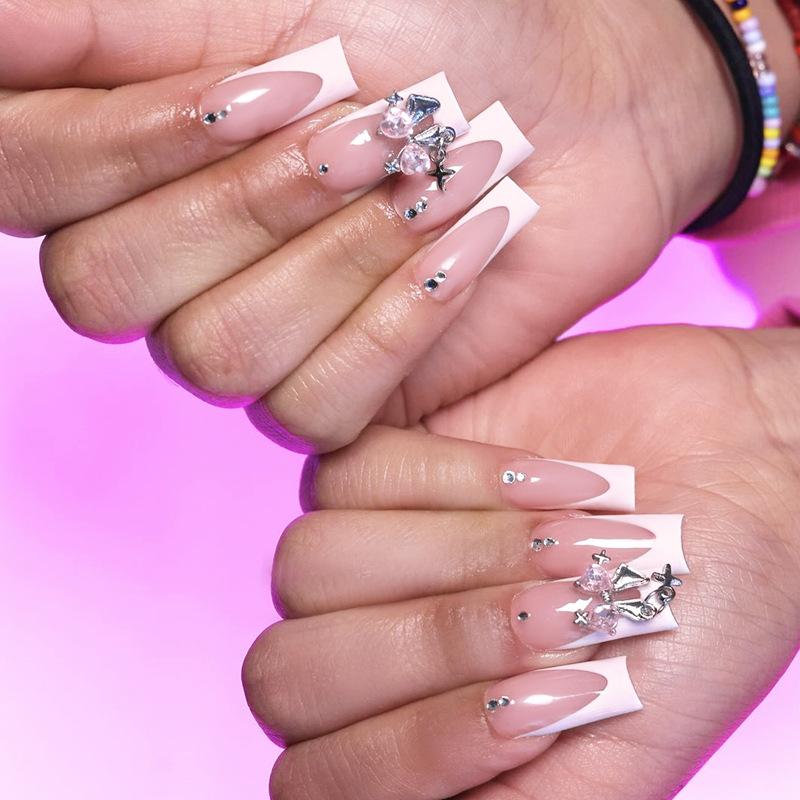 24pcs Long Ballet French Press on Nails with Cute Pink Bow Shiny Diamond Decor False Nail Tips Wearable Sweet Korean Fake Nails