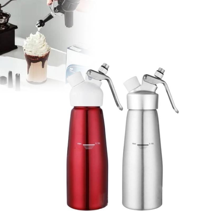 Bottiglia sifone per panna montata in acciaio inox di alta qualità, ideale per decorare e guarnire il caffè, disponibile nei formati da 500 ml e 1000 ml.