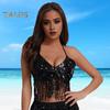 Frauen Sexy Funkelnden Pailletten Fransen Halter Top Ärmellose Bauchtanz Nachtclub Leistung Bh Glänzende Bronzing Weste