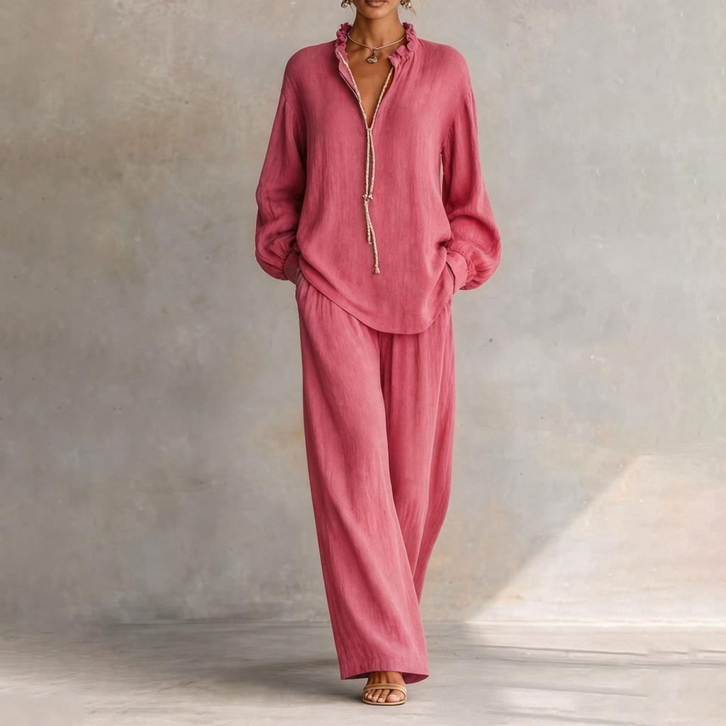 Women's Two Piece Outfit Set with Ruffle Collar Tie Front Long Sleeve Top and Wide Leg Pants
