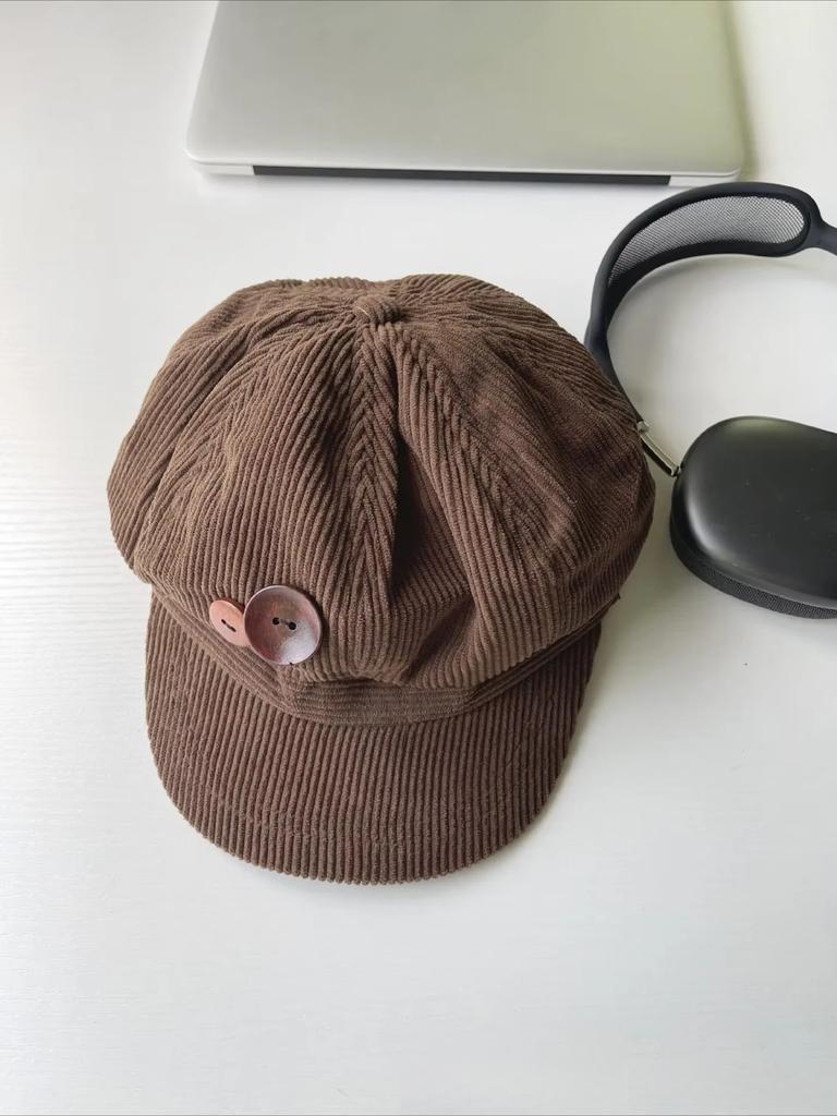 Vintage Corduroy Beret Hat For Women Korean Button Octagonal Cap Autumn Winter Painter Artist Hats Japanese Brown Peaked Caps