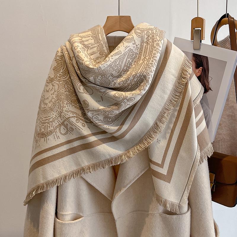 Women'S Luxury  Cashmere Winter Scarf - Vintage Printed Shawl With Tassels, Pashmina Wrap & Bandana Poncho