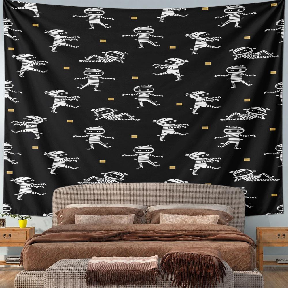 Cartoon Mummy Pattern on Black Background Pattern Wall Hanging Tapestry Decorative Tapestry Home Decor for Bedroom and Living Room