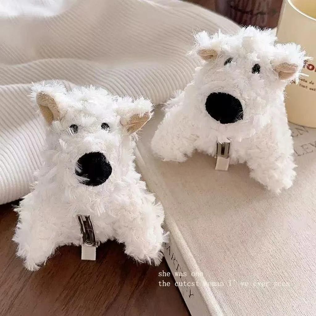 Large white plush dog clip cartoon bangs, side clip trendy toy doll machine store, soft and cute doll