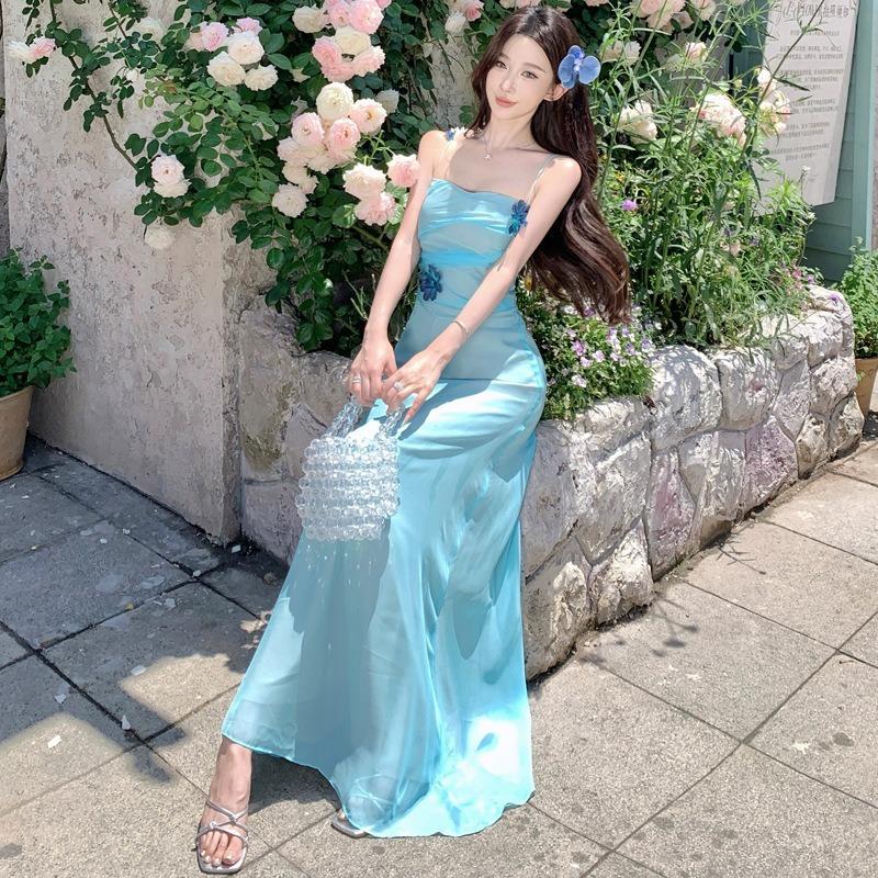 Travel Wear Design Blue Flower Waist Suspender Dress Women's Summer Seaside Vacation Beach Dress