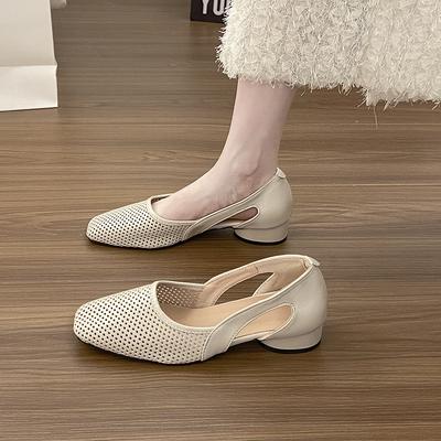 Super Soft French Cool Single Shoes Women's Square Head Hollow Hole Shoes Retro Shallow Mouth Hollow Breathable Mary Jane Shoes Bag Head