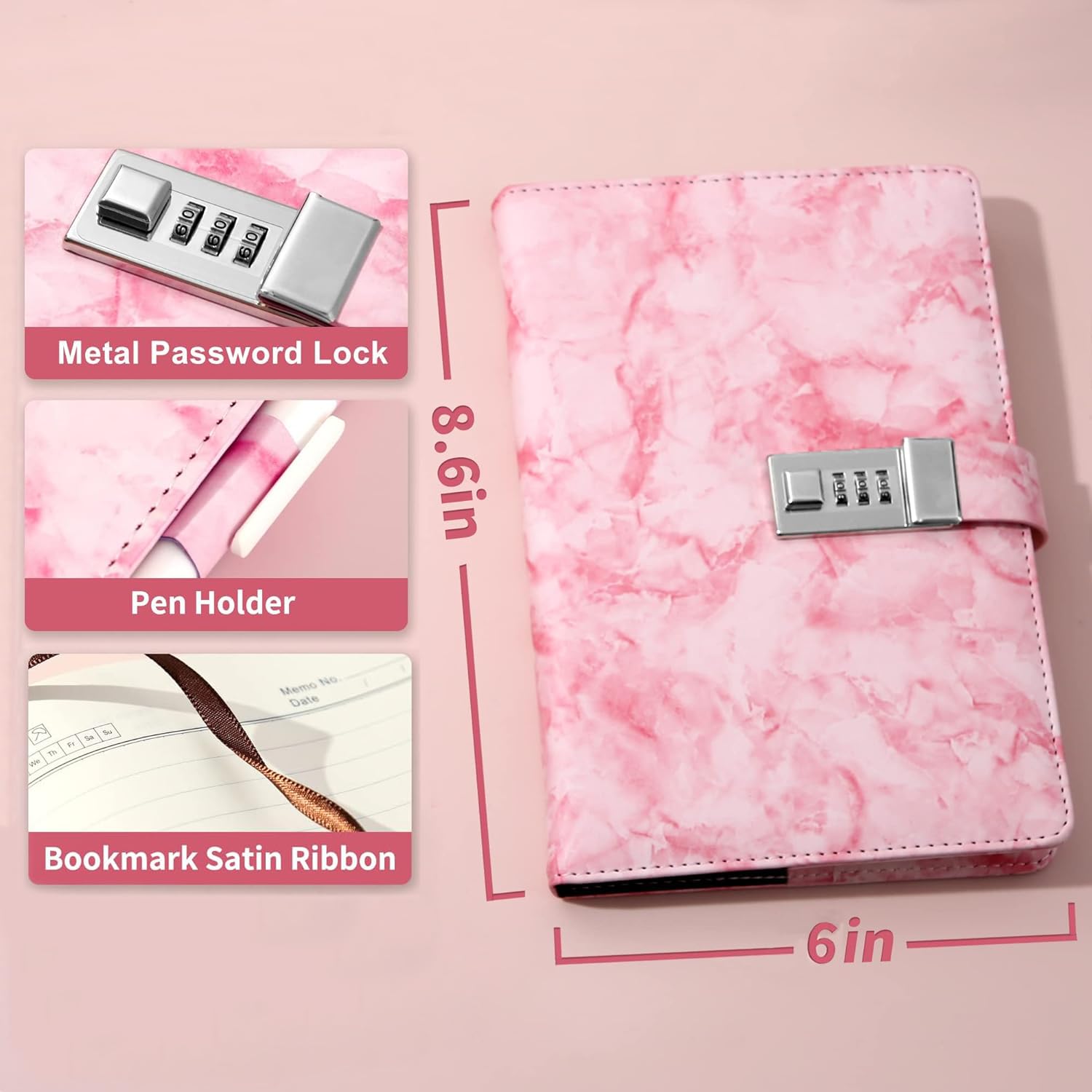 AccuPrints Marble Pattern Lock Diary Writing Notebook,A5 Fancy PU Leather Planner, Personal journals Combination Lock Se A5 розовый