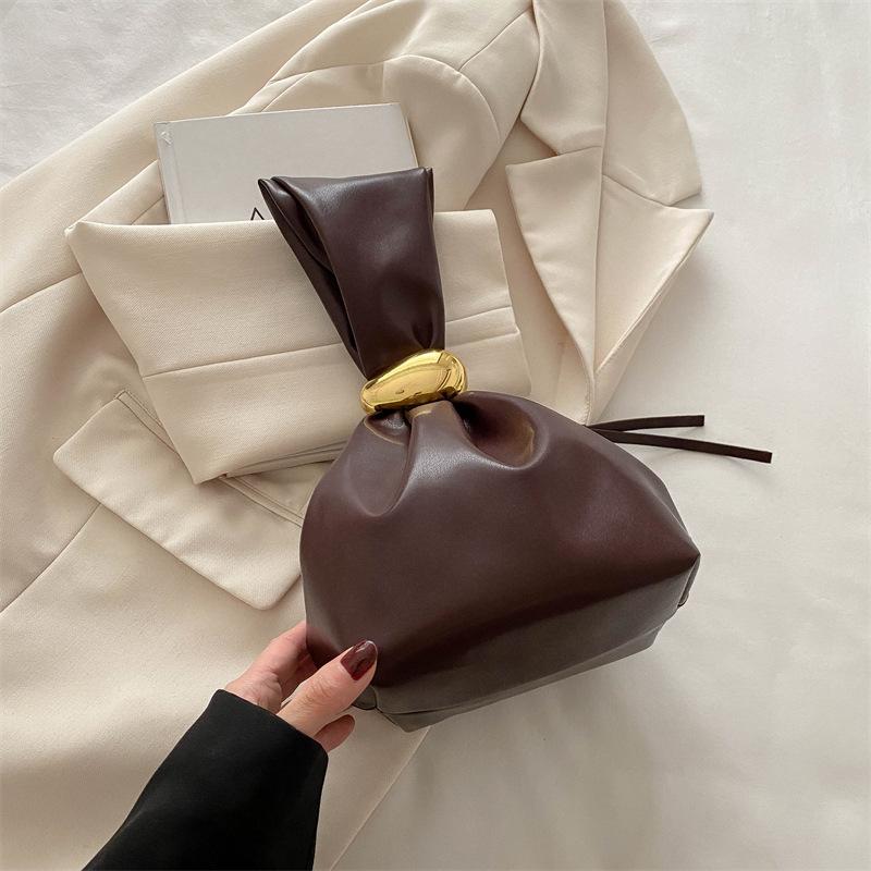 New Pleated Vintage Faux Leather Bucket Bag for Women Small Single Shoulder Wristlet Clutch