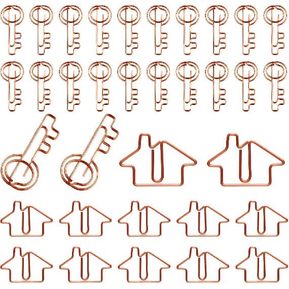 Hesena 120 Pcs Paper Clip Set, 60 Pcs House & 60 Pcs Key Shaped Paperclips for Office, Real Estate Agent,Realtors Gifts (Gold)