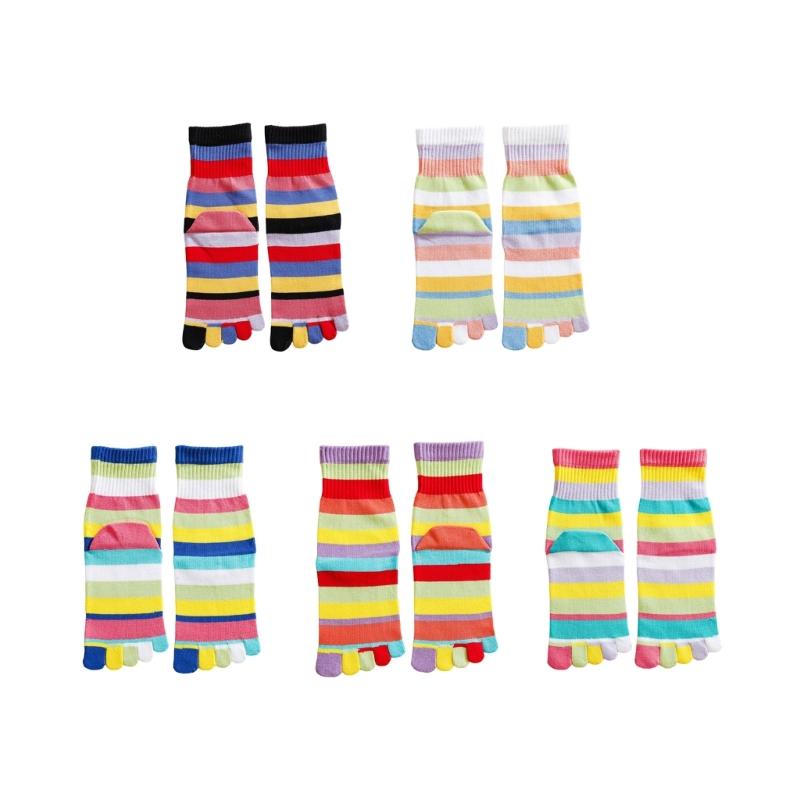 Calzini a strisce arcobaleno a tubo medio per donne e ragazze, casual, traspiranti, a cinque dita separate, per corsa e sport