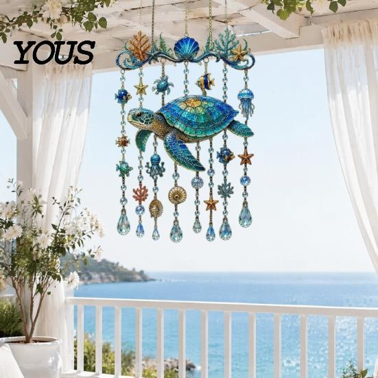 Ocean-Themed Wind Chime Decoration Decoration, Animal Hanging Sun Catcher with Faux Crystal Drops, Stained Glass Acrylic Ornament for Window