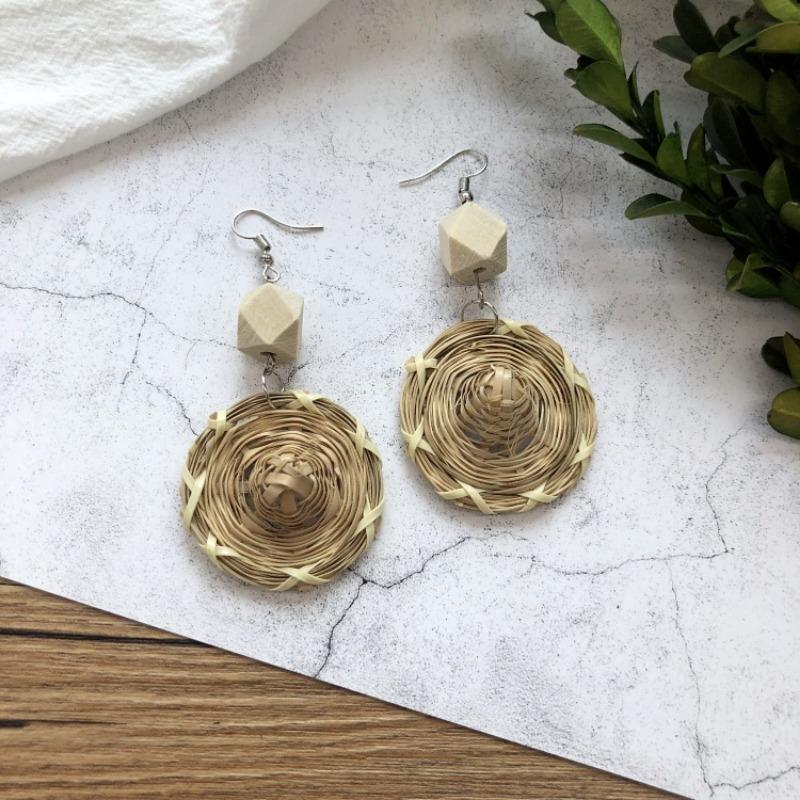 Vintage grass rattan woven handmade earrings bohemian vacation style stud earrings women's summer ear jewelry