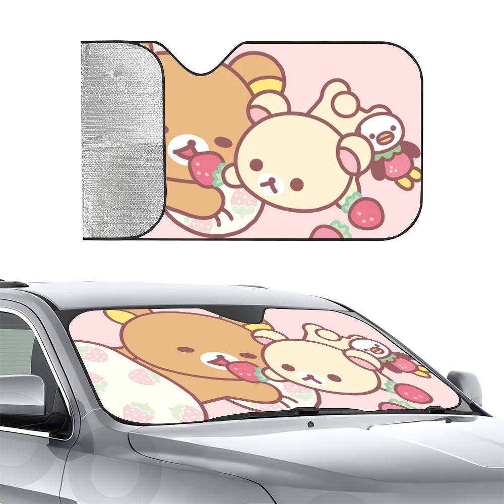 r-Rilakkuma Bear Car Sunshade Curtains Heat-insulating Aluminum FilmReusable Suction Cup Blocks UV Rays Car Sun Visor Protector