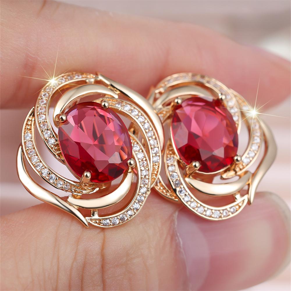 Minimalist Rose Red Zircon Oval Stone Hoop Earrings For Women Vintage Gold Color Ear Buckle Wedding Jewelry Valentine's Day Gift