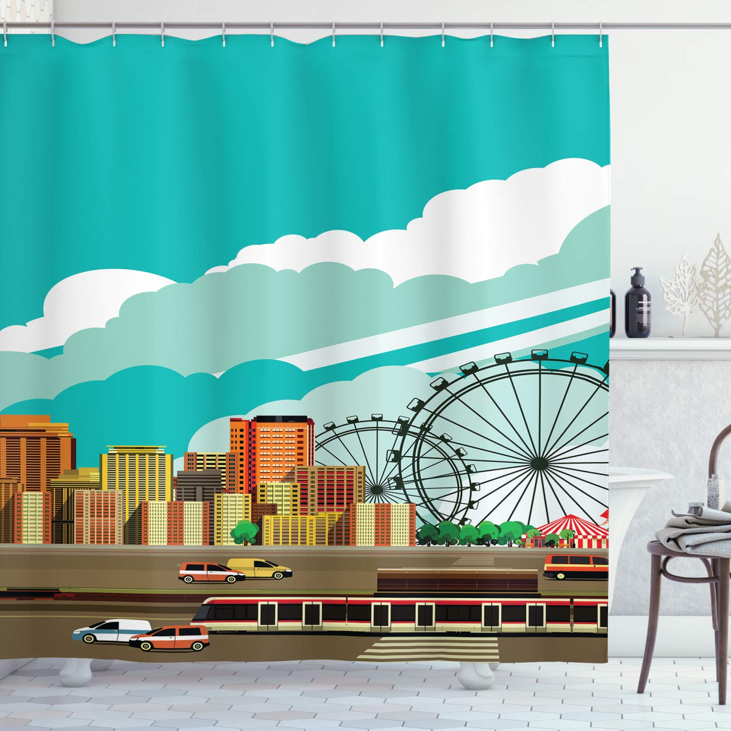 

Cartoon Ferris Wheel Theme Shower Curtain,Cartoon Hot Air Balloon Ferris Wheel Print Bathroom Curtain Waterproof Cloth With Hook W60H190(CM)-1 Pcs