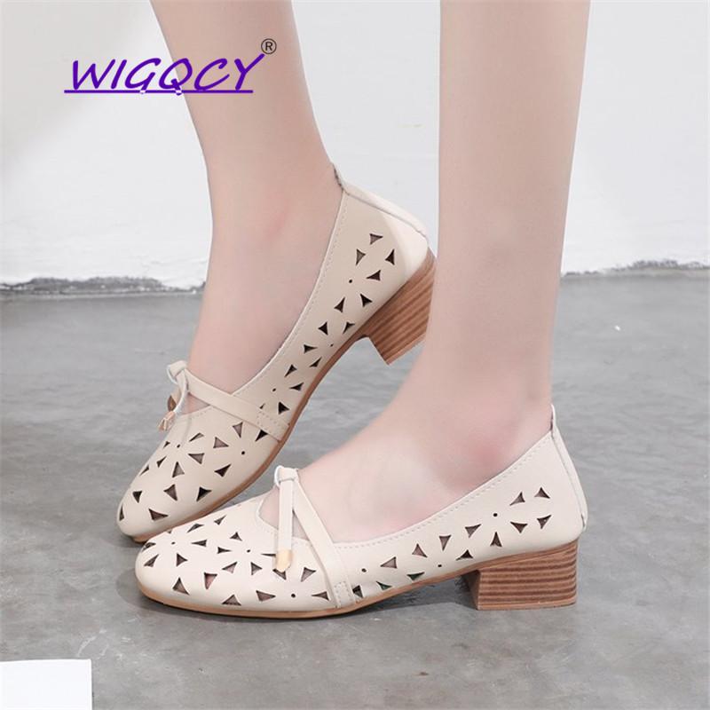 

Breathable Hollow Square heel Shallow Microfiber pumps women shoes 2019 summer shoes woman Elegant Butterfly-knot female shoes