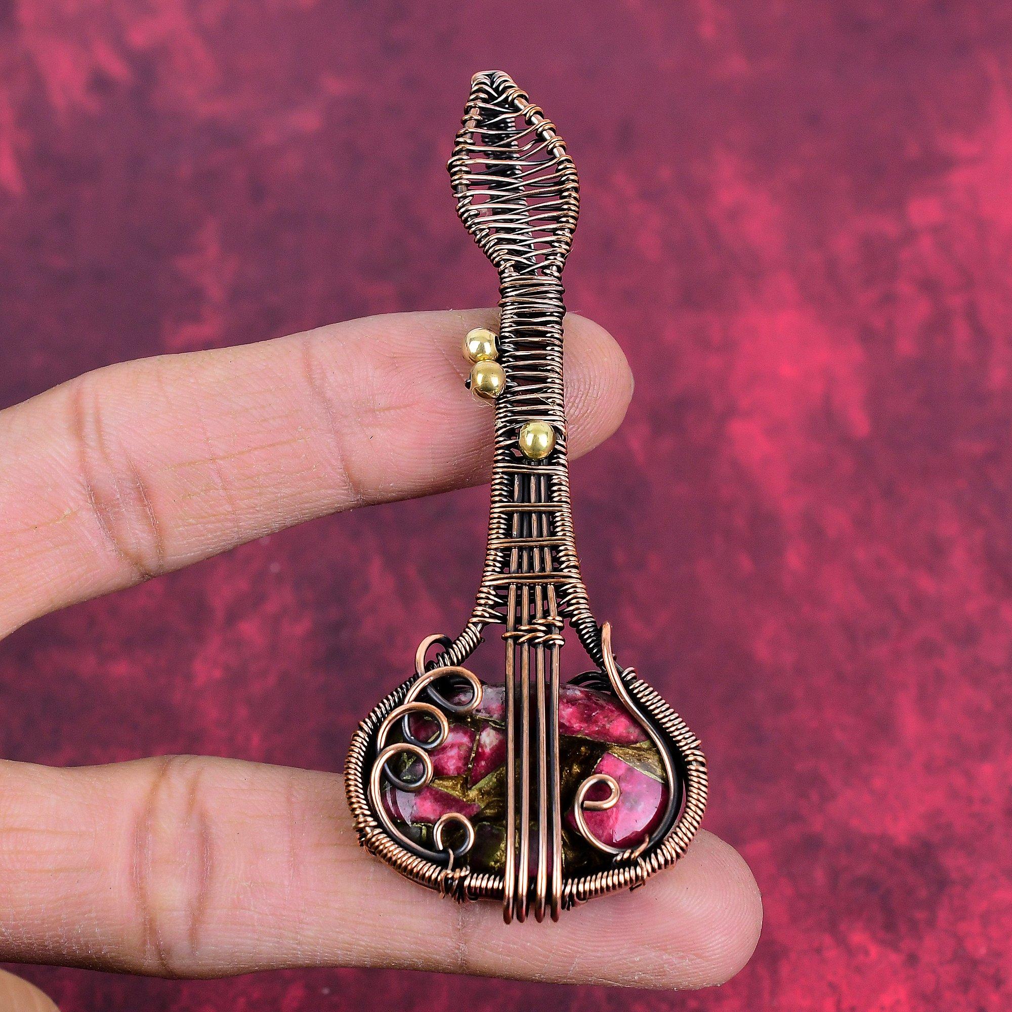 Copper thulite pendant copper wire wrapped pendant guitar gemstone pendant handmade pendant copper wire wrapped jewelry anniversary gifts