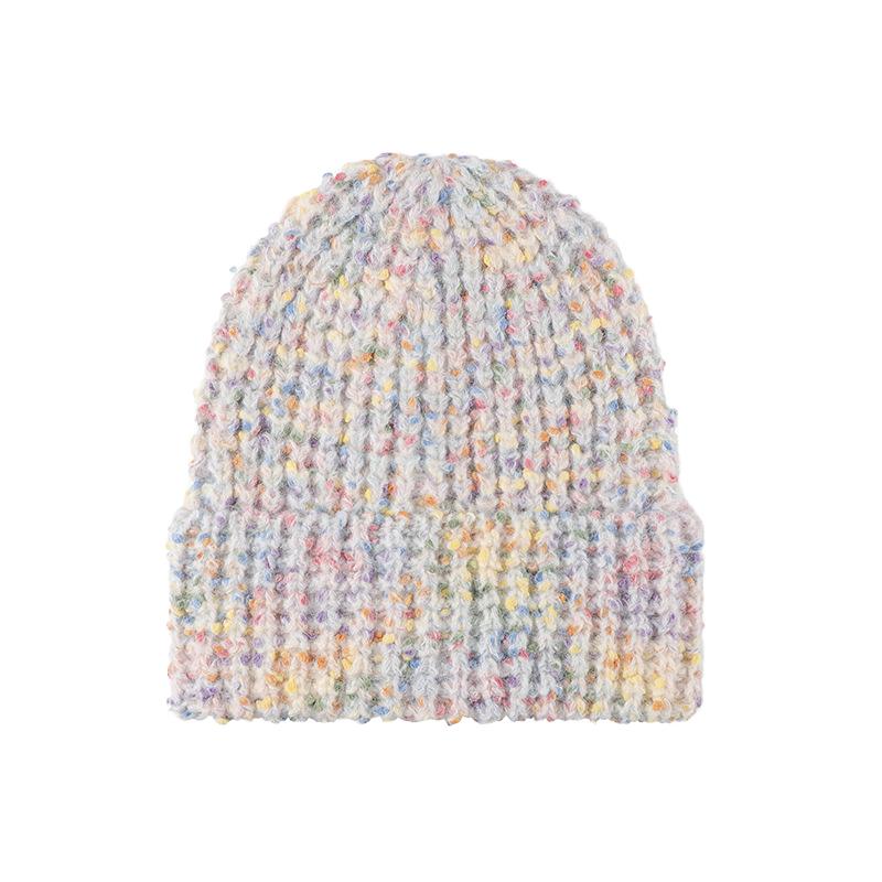 Multicolor Speckled Dot Knitted Beanie Hat Winter Wool Ribbed for Women Men with Hand Drawn 3D Embroidery Bows Pattern