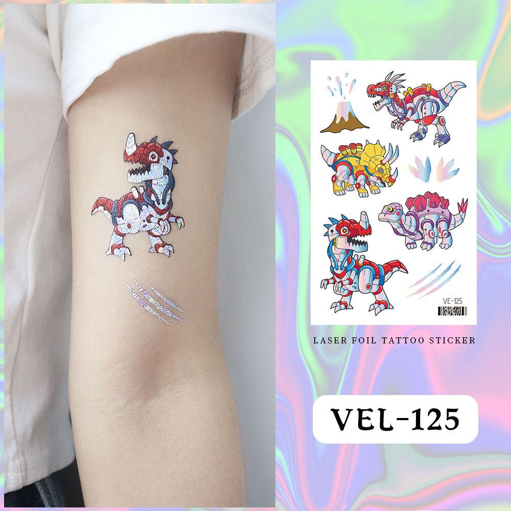 Metallic Cartoon Dinosaur Tattoo Stickers – Laser Design for Face and Arms, Unisex 120*75 mm