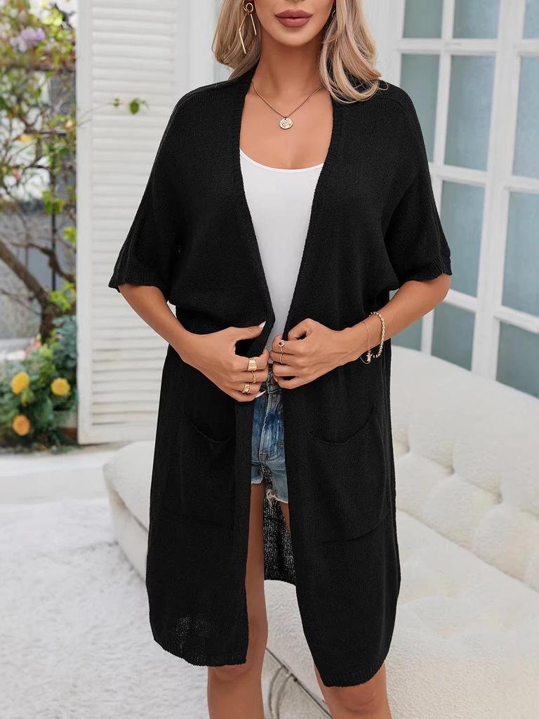 2026 Spring/Summer Women's Casual Knit Batwing Cardigan with Pockets - Loose, Mid-Length, Short Sleeve Outerwear